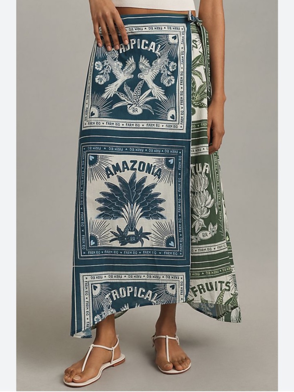 FARM Rio Blue and Green Tropical Patchwork Wrap Midi Skirt